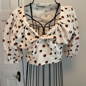 Abercrombie & Fitch Cream Cropped Tie-Front Puff Sleeve brown Polka Dot Top NWOT